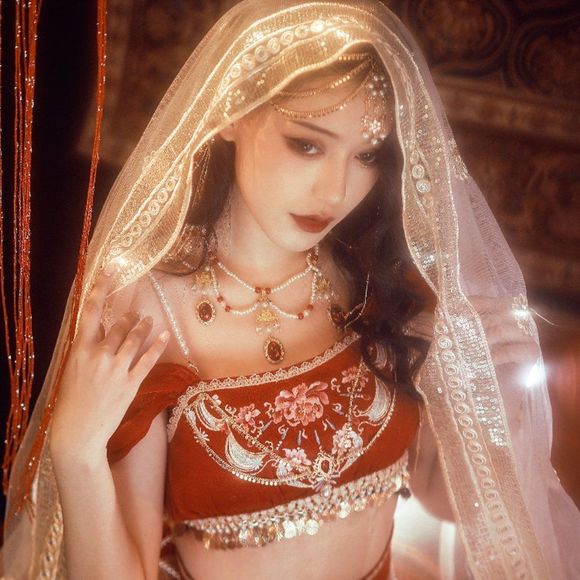 Arabian Embroidered Dancing Gown | Women Top Pants Veil Waist Chain Costume - Picture 1 of 7